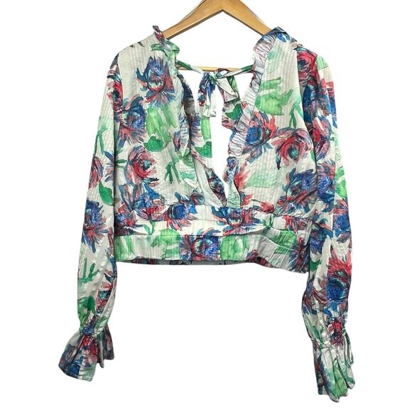 Anthropologie Floral Plunging V Long Sleeve Crop Top Size L Large Tie Back - Picture 2 of 14